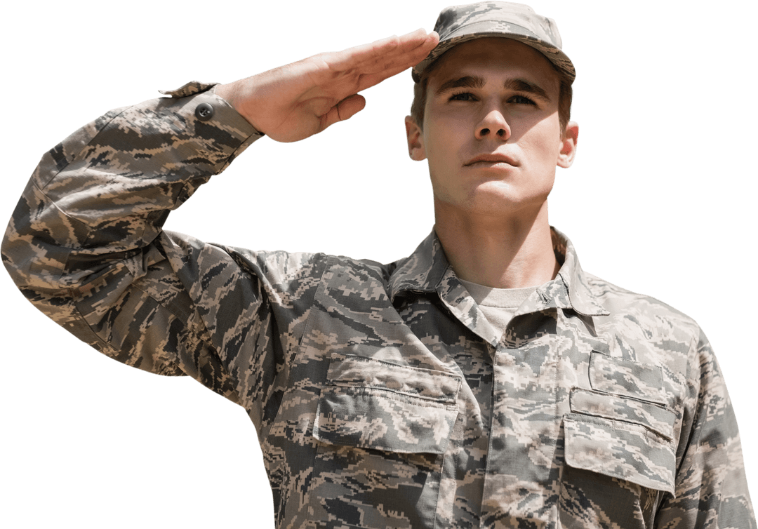 Young Soldier in Camouflage Uniform Saluting with Pride on Transparent Background