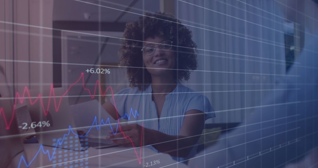 Businesswoman Analyzing Financial Data on Transparent Screen