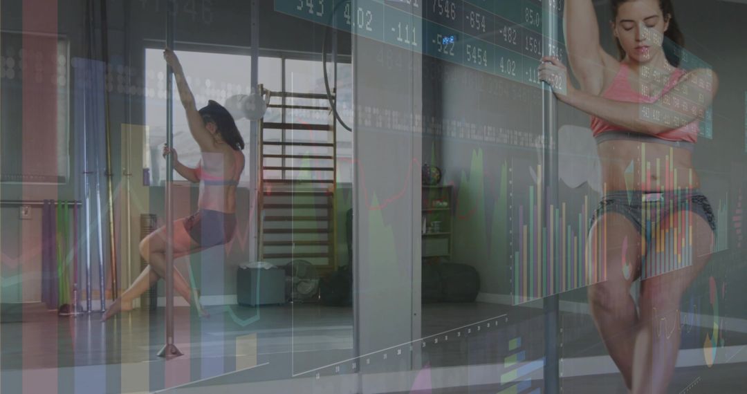 Dynamic Pole Dance with Stock Chart Overlay Symbolizing Versatility