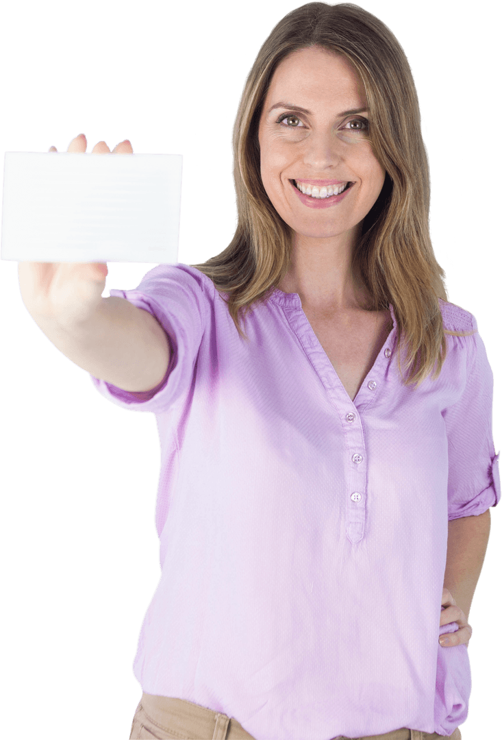 Smiling Woman Presenting Blank Transparent Sign Cardlitnav