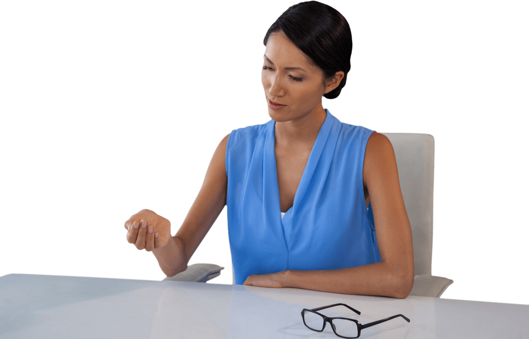 Transparent Businesswoman Analyzing Hand Expression in Office Chair