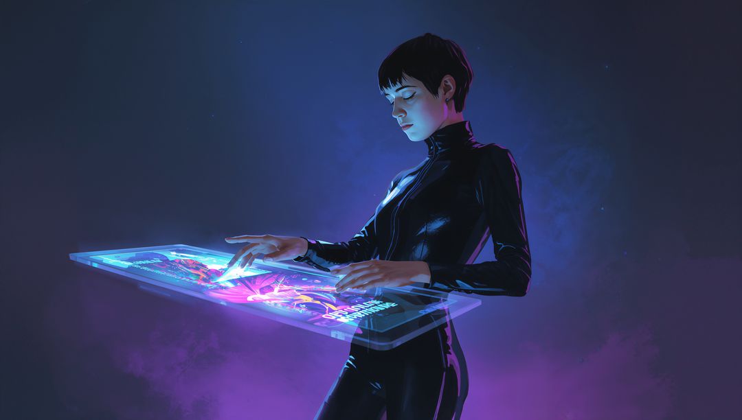 Female tech manipulating holographic interface on glowing tabletop in neon cyberpunk scene