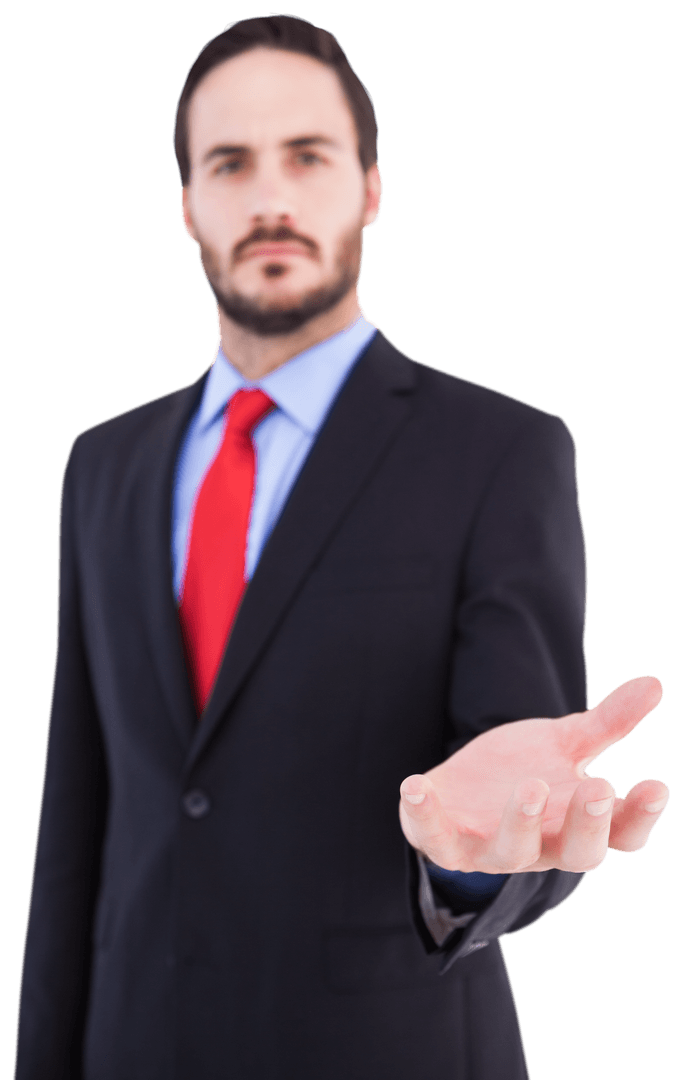 Transparent Businessman in Suit Presenting with Open Hand