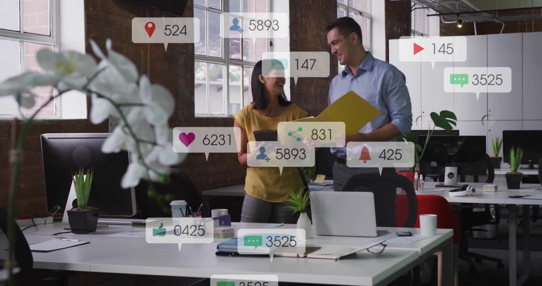 Professionals collaborating and reviewing documents with social notifications in modern office