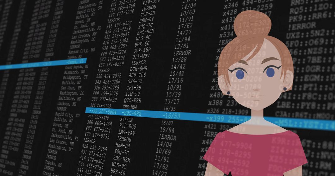 Translucent Female Avatar Overlaying Dark Data Log with Blue Bars for Futuristic Dashboard