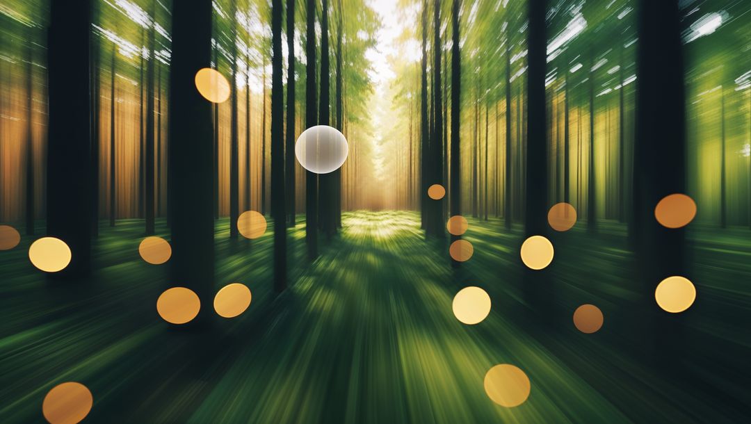 Enchanted Forest with Floating Glowing Bokeh Orbs at Sunrise