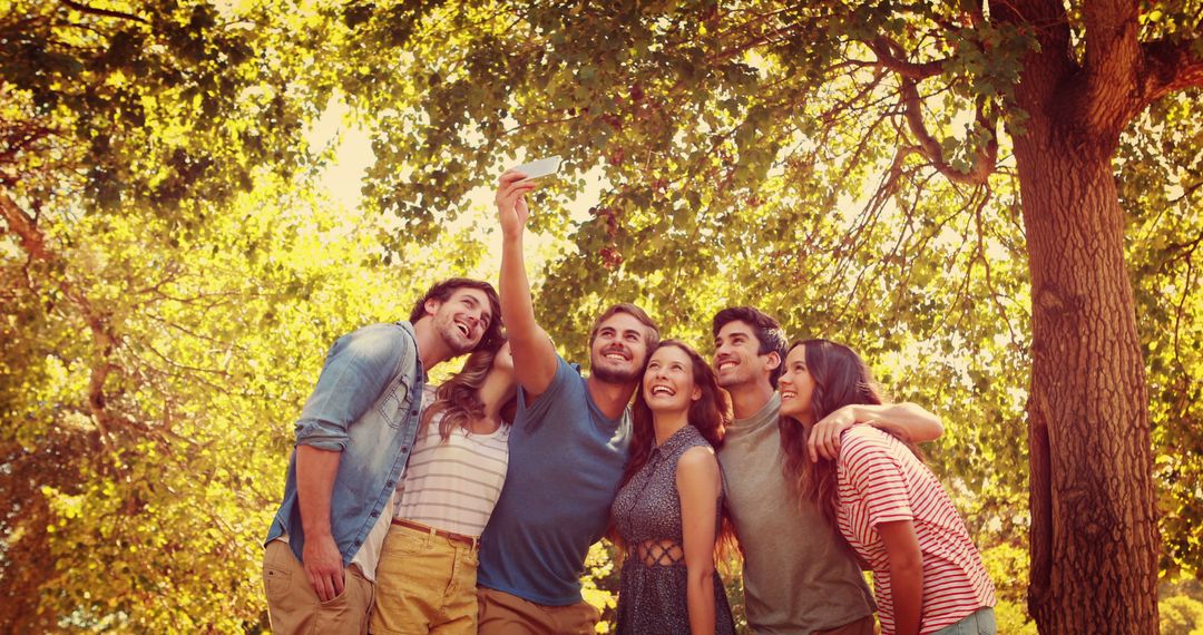 Friends Taking a Selfie in a Park Under Tree Shade on a Sunny Day - Free Images, Stock Photos and Pictures on Pikwizard.com