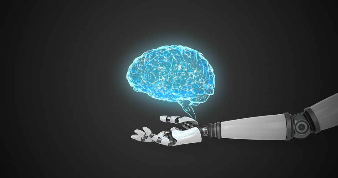 Robotic Hand Holding Glowing Digital Brain in Tech Blue