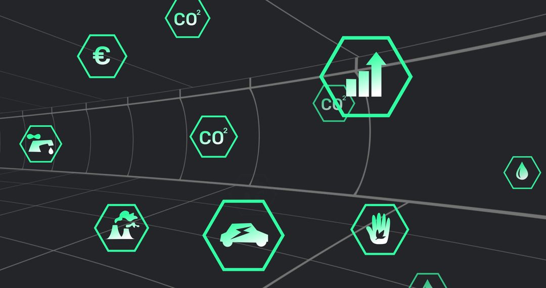 Digital Eco Icons Float Around Grid Tunnel on Black Background