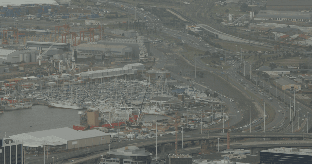 Aerial View of Busy Urban Harbor with Transparent Horizon