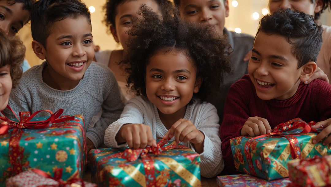 Smiling Children Opening Holiday Presents