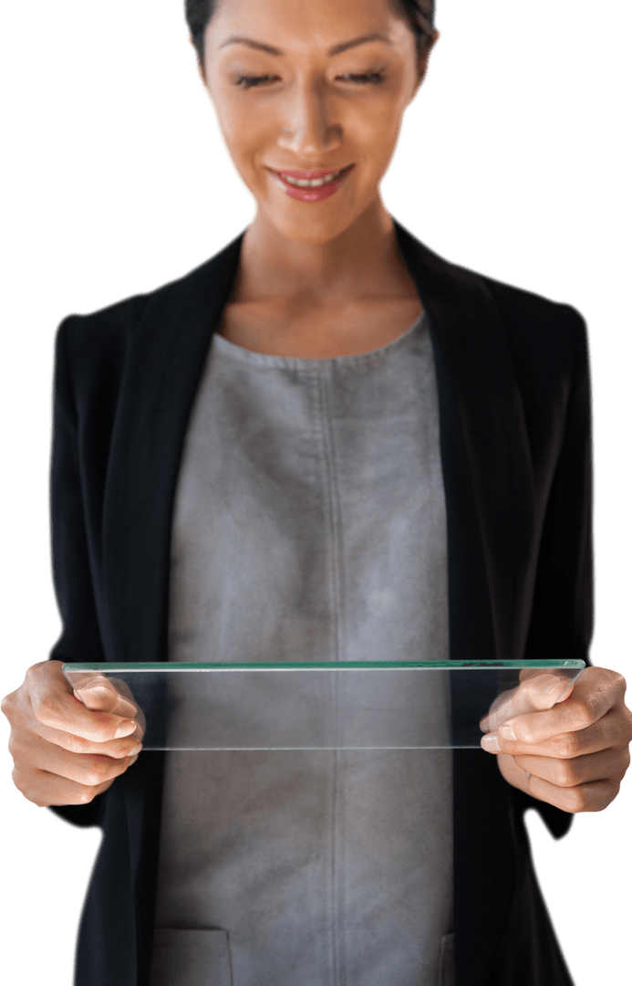 Smiling Businesswoman Engaging with Transparent Digital Interface