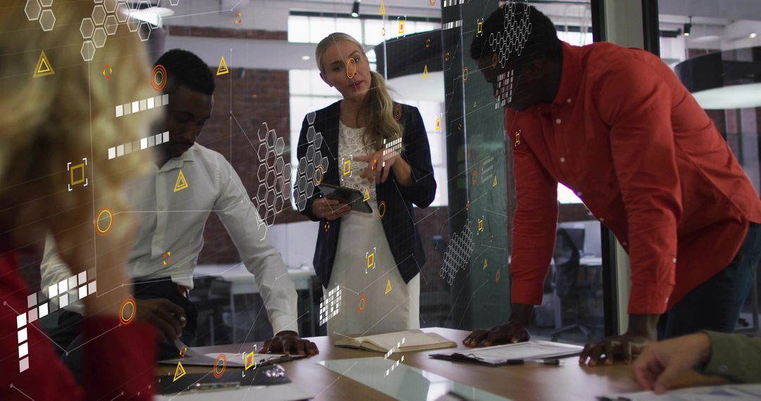 Leading collaborative strategy session with interactive glass interface in modern office