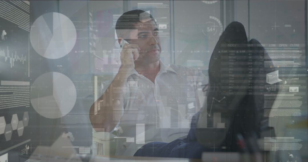Businessman Analyzing Financial Data in Modern High-Tech Office