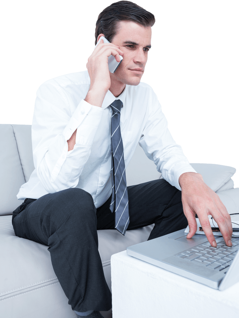 Transparent Businessman Talking on Phone Using Laptop