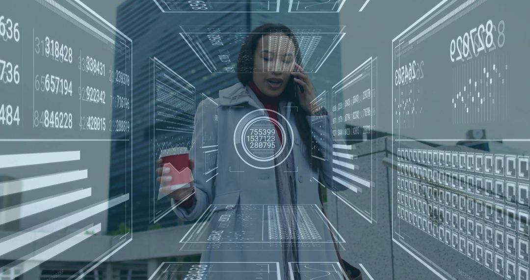 Businesswoman in Augmented Reality Interface Visualizing Data on Rooftop