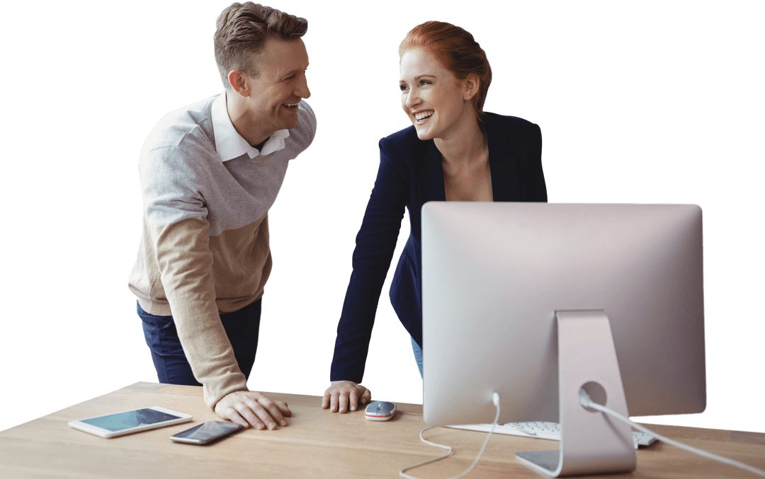 Smiling Office Colleagues Vibrantly Collaborating Over Computer Transparent