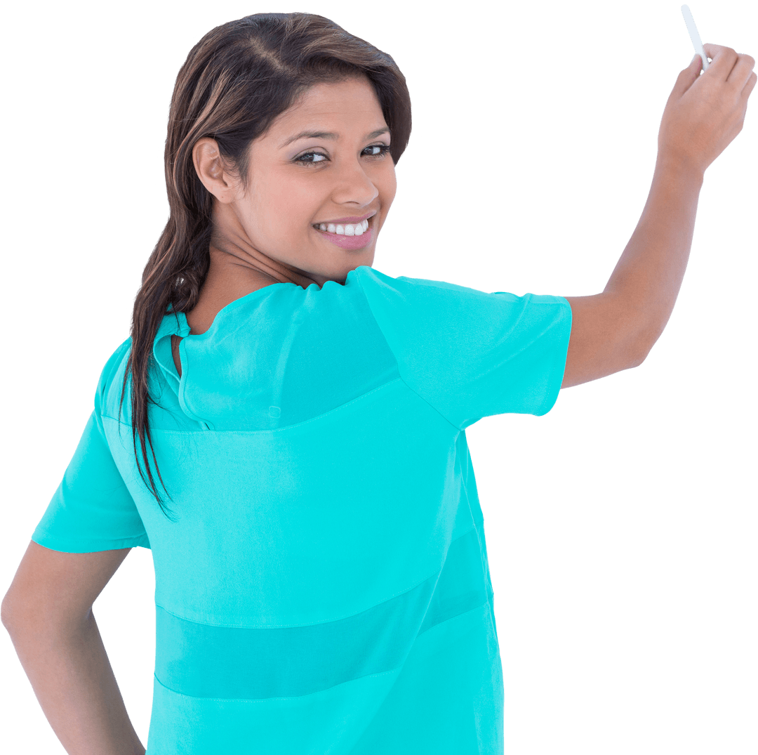 Transparent Cheery Woman Writing with Chalk Expression Display