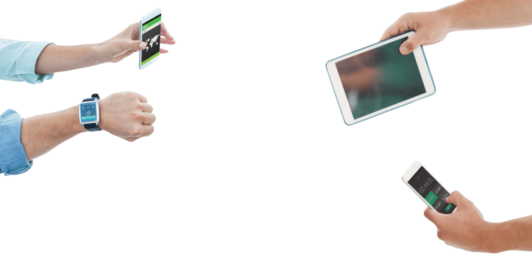 Hands Holding Smartphones and Tablet with Smartwatch on Transparent Background