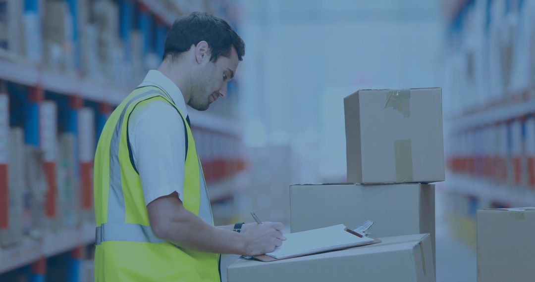 Warehouse Worker Checking Inventory in High Visibility Vest