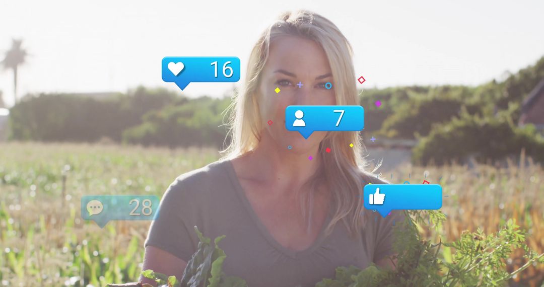 Woman on Farm with Social Media Engagement Notifications