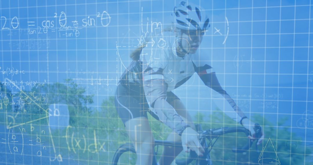Cyclist and Mathematical Formulas Overlay Showcasing Futuristic Innovation