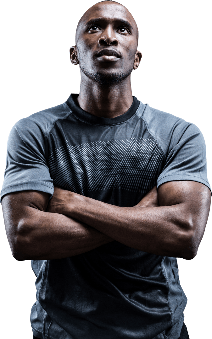 Thoughtful Rugby Player with Arms Crossed Transparent Background