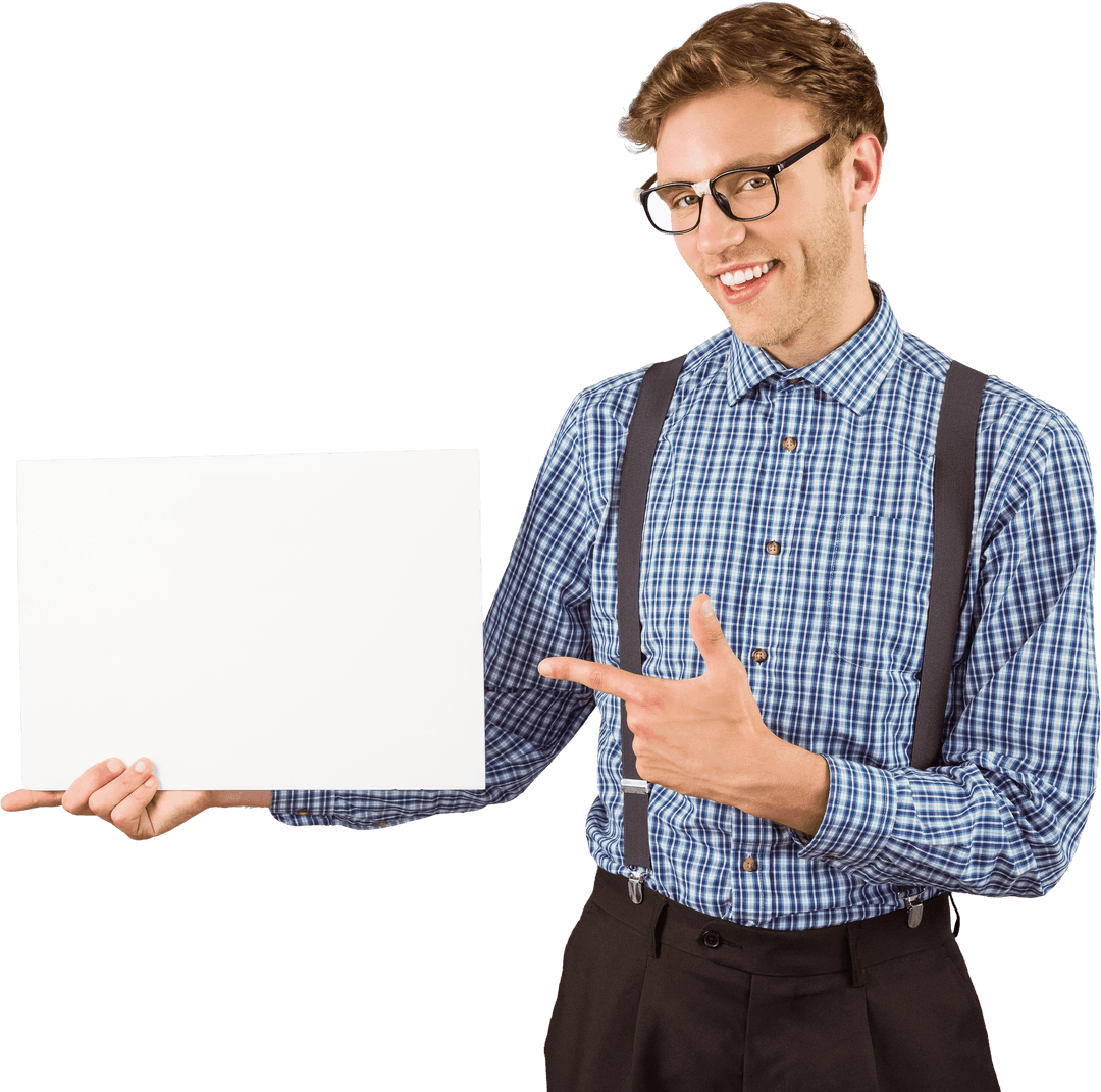 Transparent Hipster Pointing at Blank Card Isolated