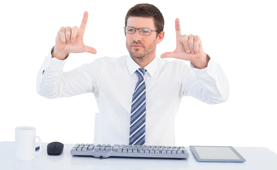 Transparent Businessman Gesturing Imaginative Idea at Work