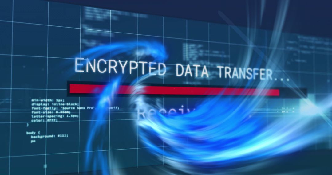 Encrypted Data Transfer with Digital Code and Blue Swirls