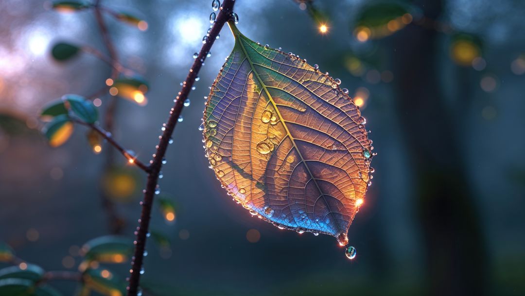 Glistening dew on serrated leaf of the dreaming tree at dawn in misty woodland
