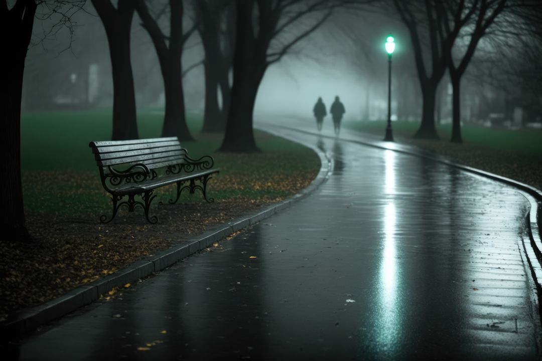 Bench in park by street lamp on dark misty rainy night, created using generative ai technology - Free Images, Stock Photos and Pictures on Pikwizard.com