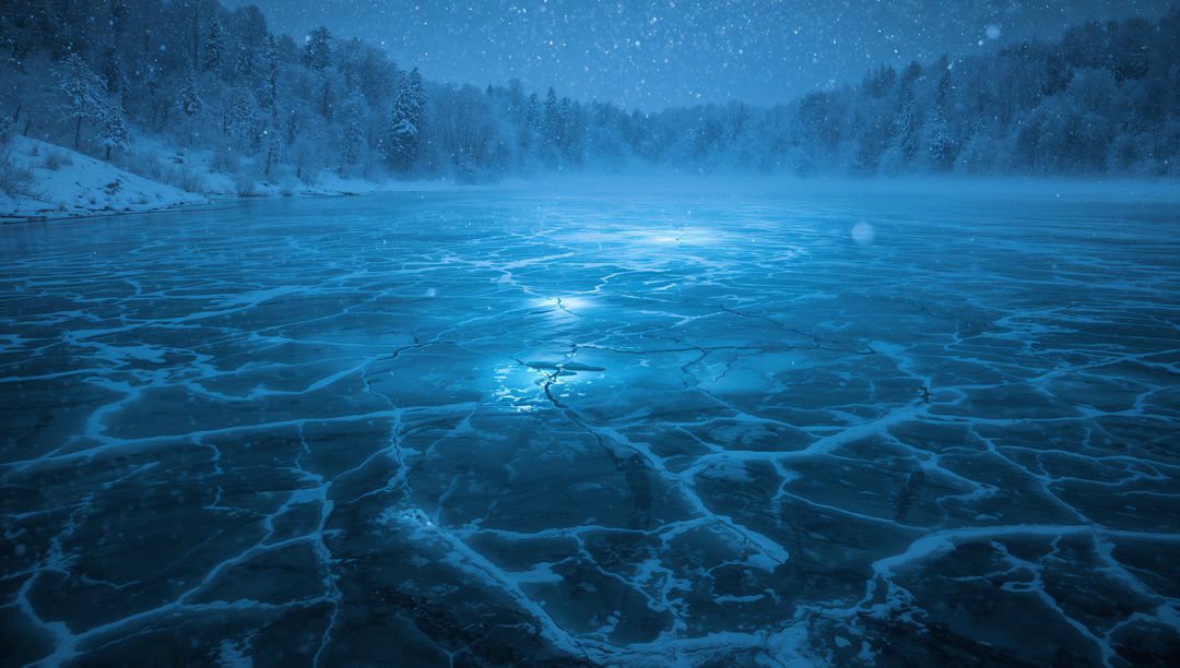 Glowing Frozen Lake Cracks Radiating Blue Light Over Snow-Covered Conifer Slopes