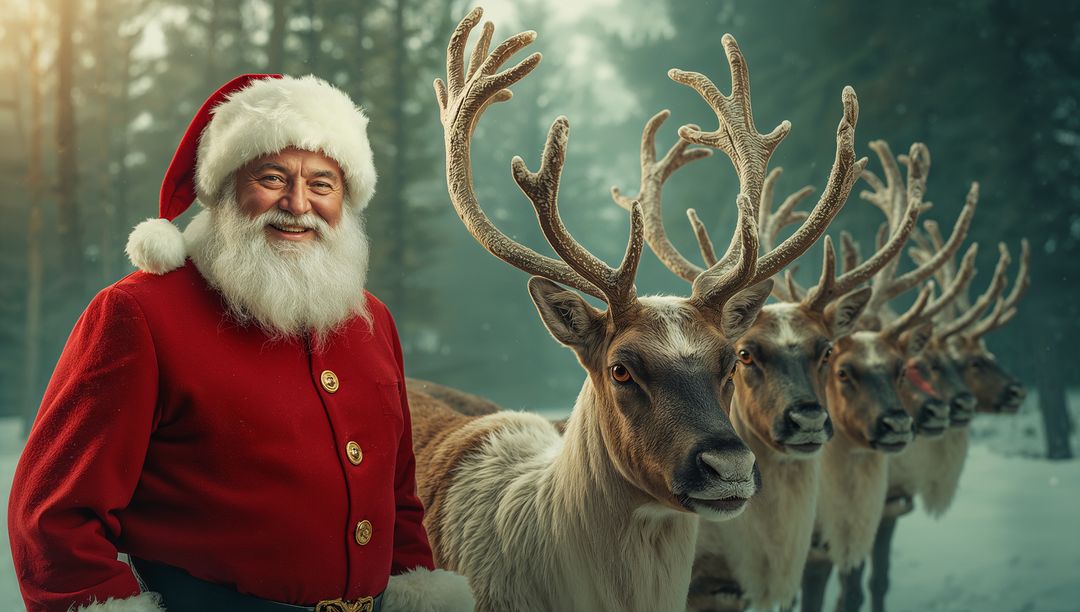 Smiling Santa with Reindeer in Snowy Forest