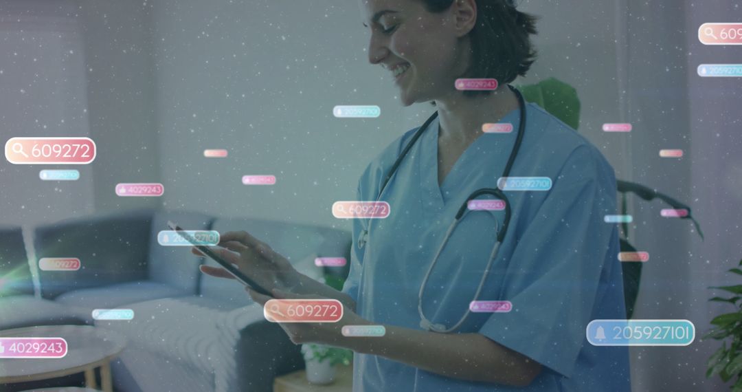Smiling Nurse Using Tablet with Digital Data in Modern Home Setting