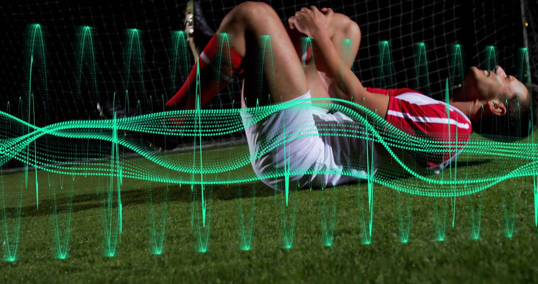 Athlete Analyzing Biomechanics with Digital Overlay on Pitch