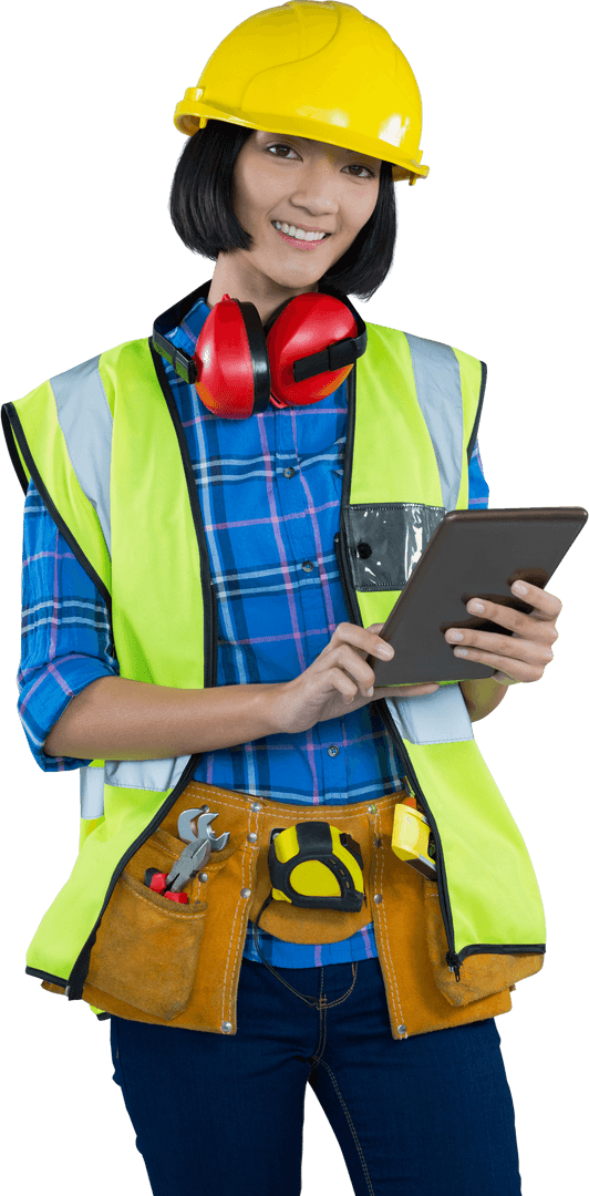 Transparent Female Architect Wearing Hard Hat and Using Tablet