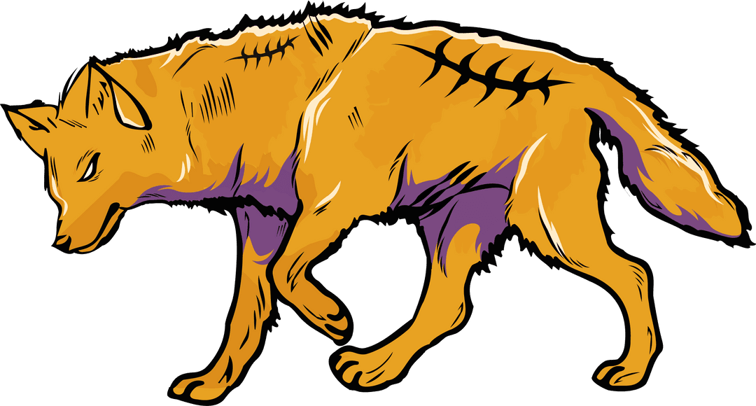 Vector orange wolf with purple shades walking on transparent background