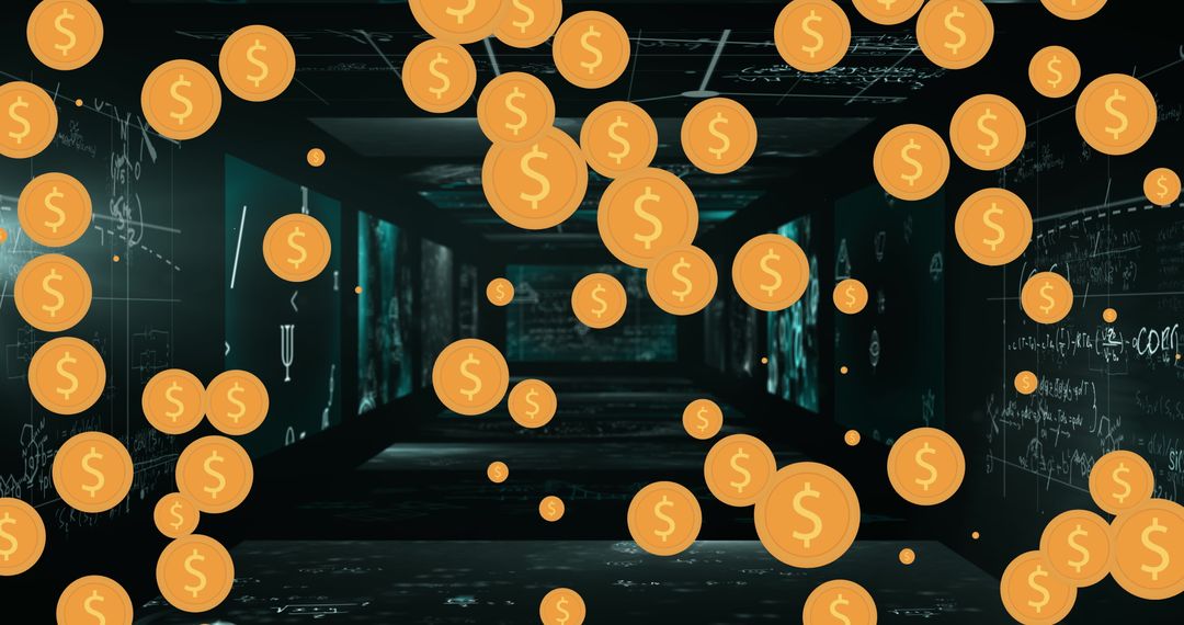 Cryptocurrency Symbols in Futuristic Technology Hallway