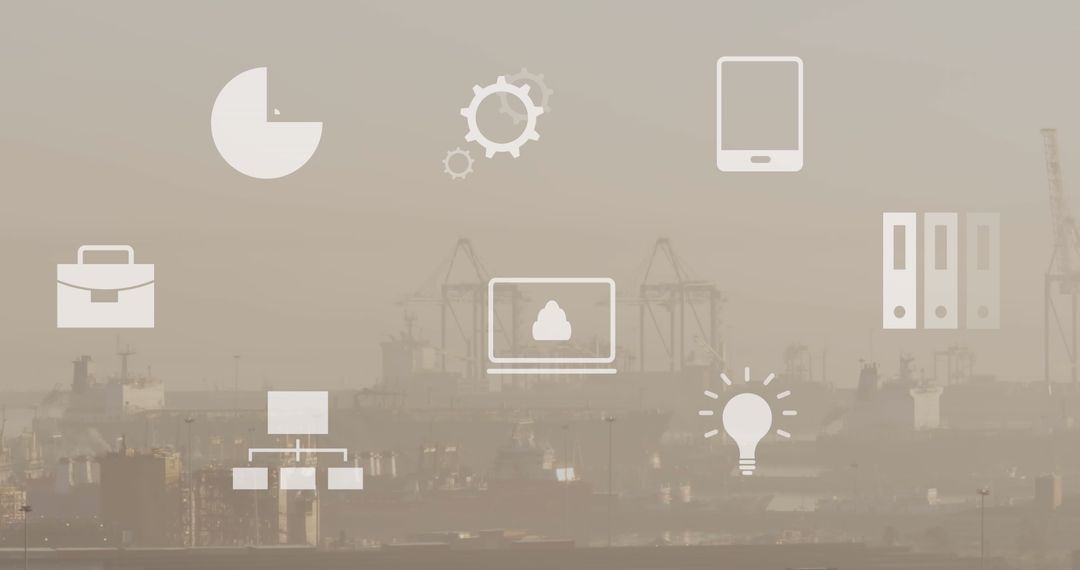 Foggy Cityscape with Business and Technology Icons Overlay