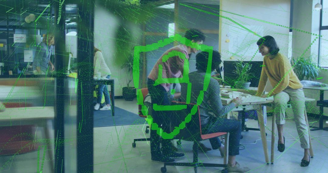 Team Collaboration in Modern Office with Digital Security Overlay