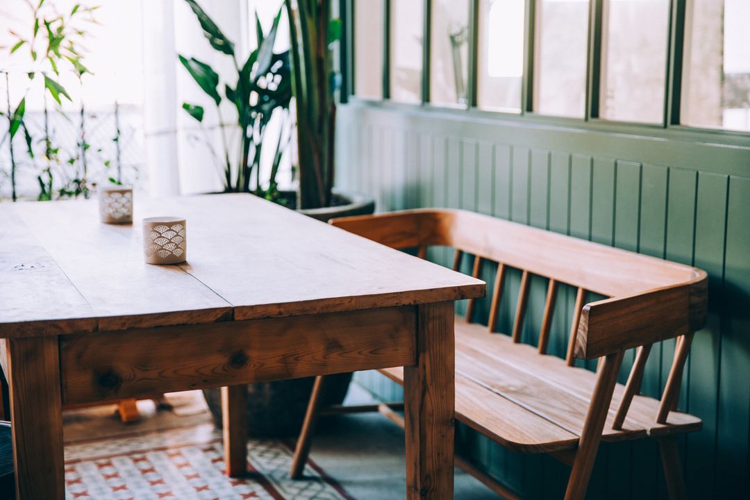 Rustic Dining Area with Wooden Table and Bench