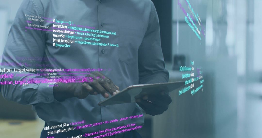 Businessman Analyzing Data on Tablet with Digital Code Overlay