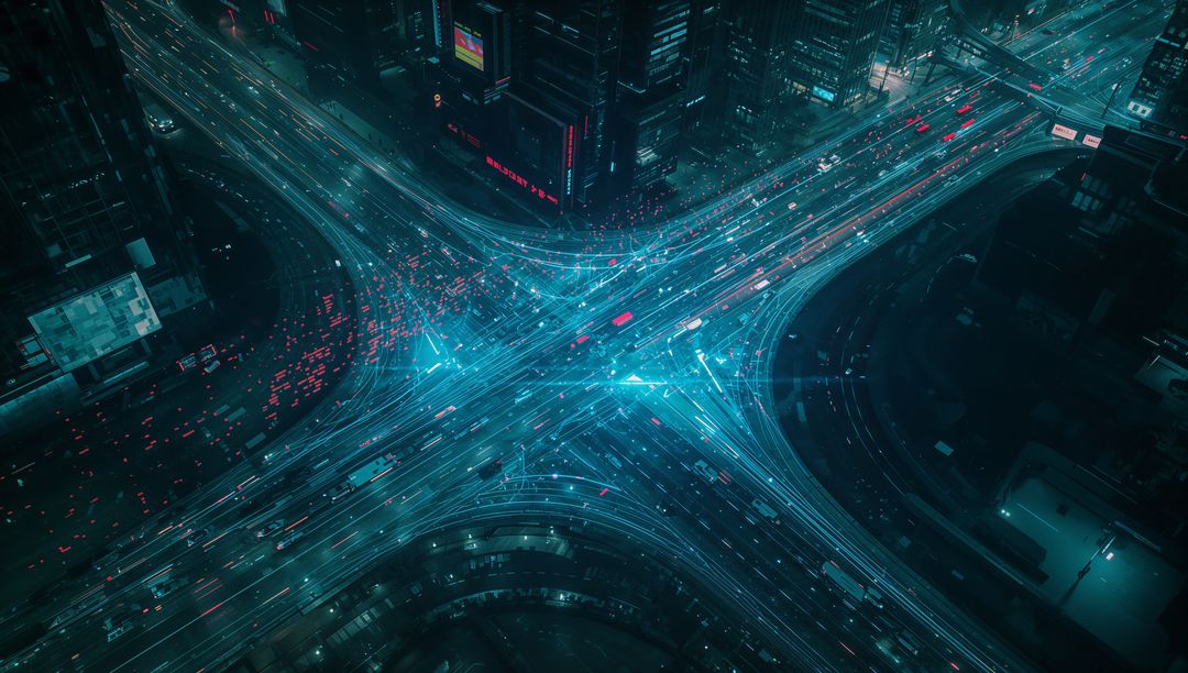 Futuristic Neon Lit Highways: X-Shaped Interchange from Above