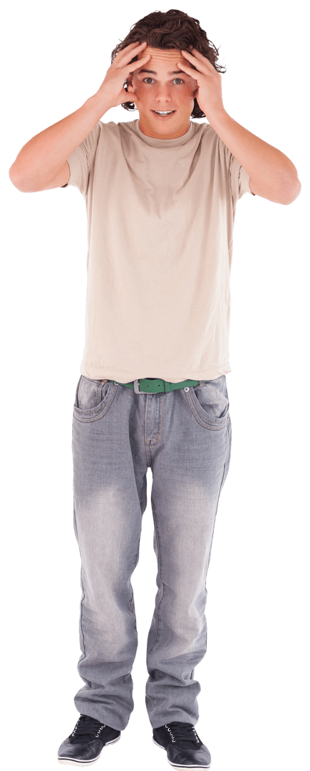 Transparent Embarrassed Brunette Man in Casual Wear Full Body