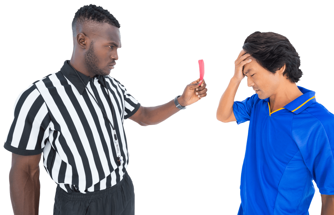 Referee Displaying Red Card to Disheartened Soccer Player on Transparent Background