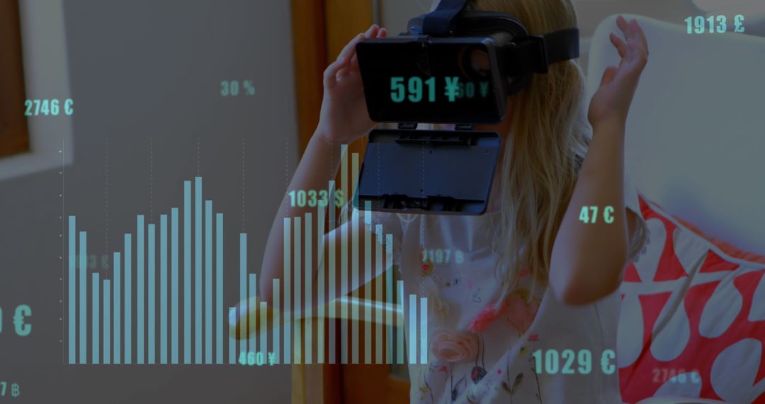 Caucasian Girl Using VR Amidst Financial Graph Interface