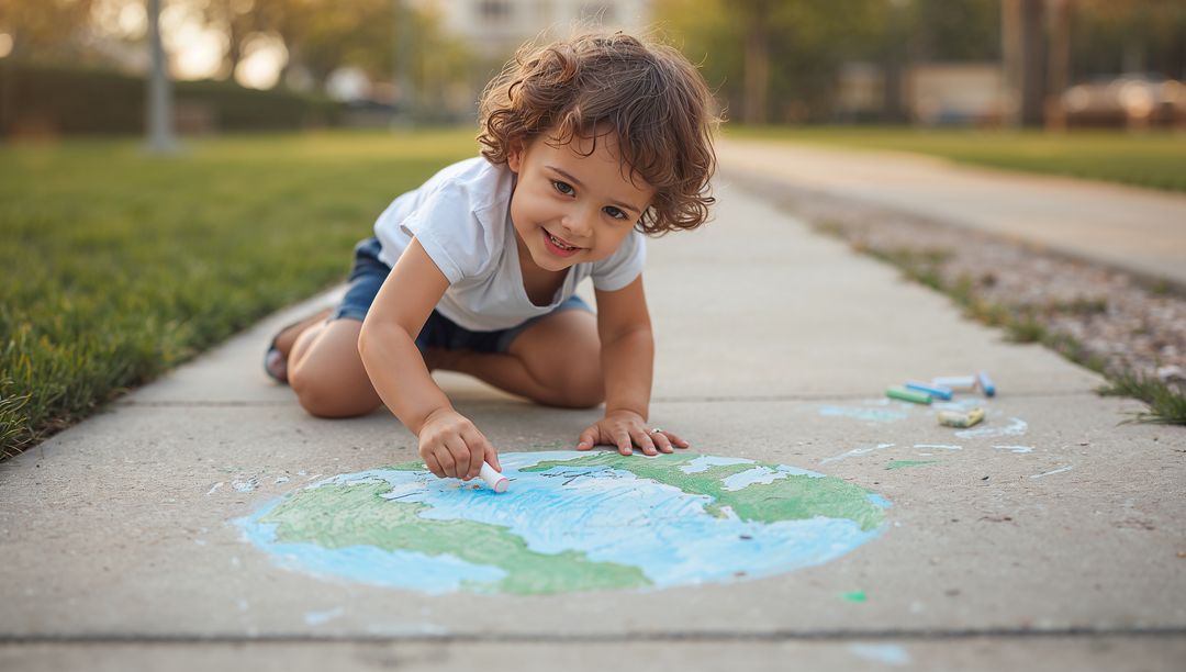 Toddler Creating Colorful Chalk Earth Map on Sidewalk