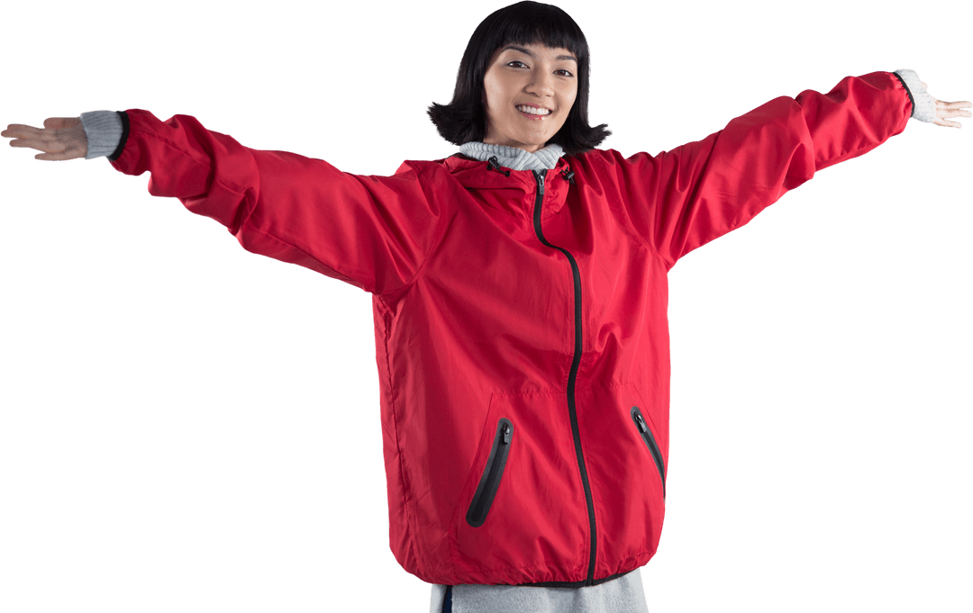 Smiling Woman in Red Jacket Embracing Openness on Transparent Background
