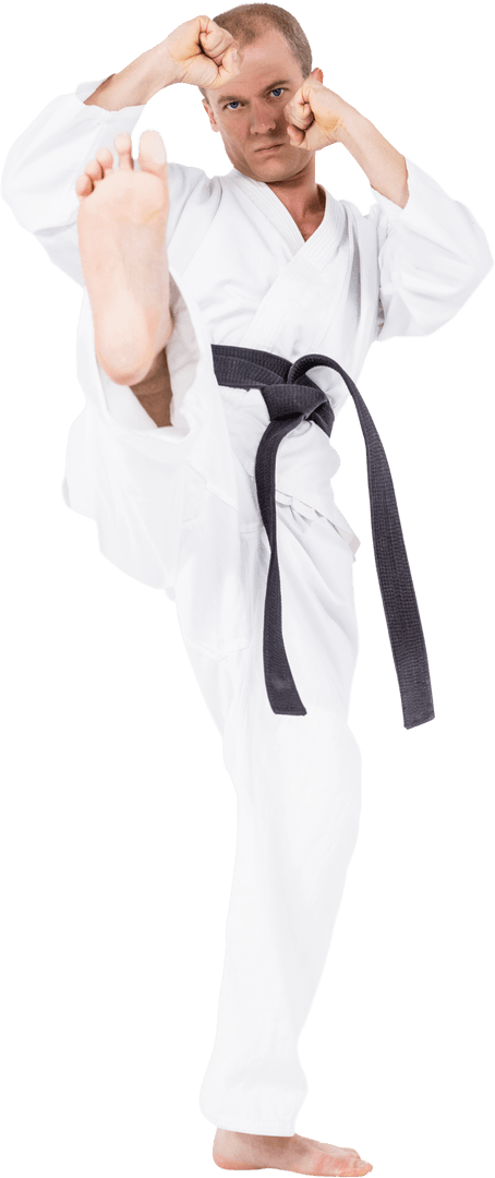 Male Karate Fighter Executing Super High Kick on Transparent Background